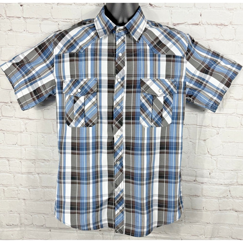 Coevals Club Shirt Men's Size Med. Blue‎ Brown Plaid Pearl Snap Up Short Sleeve